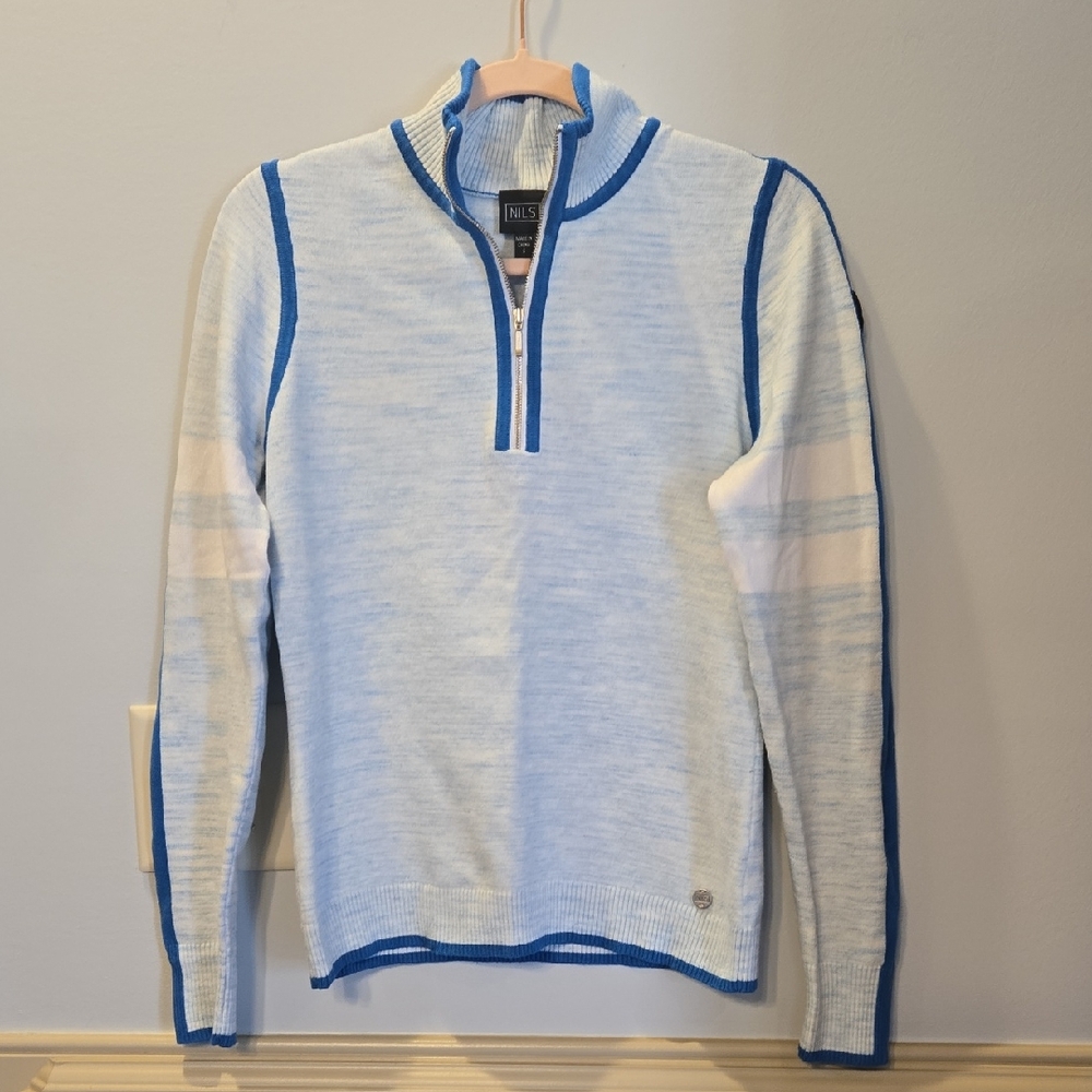 NILS size Small Light Blue and White Zip-Up Sweater with Royal Blue Trim